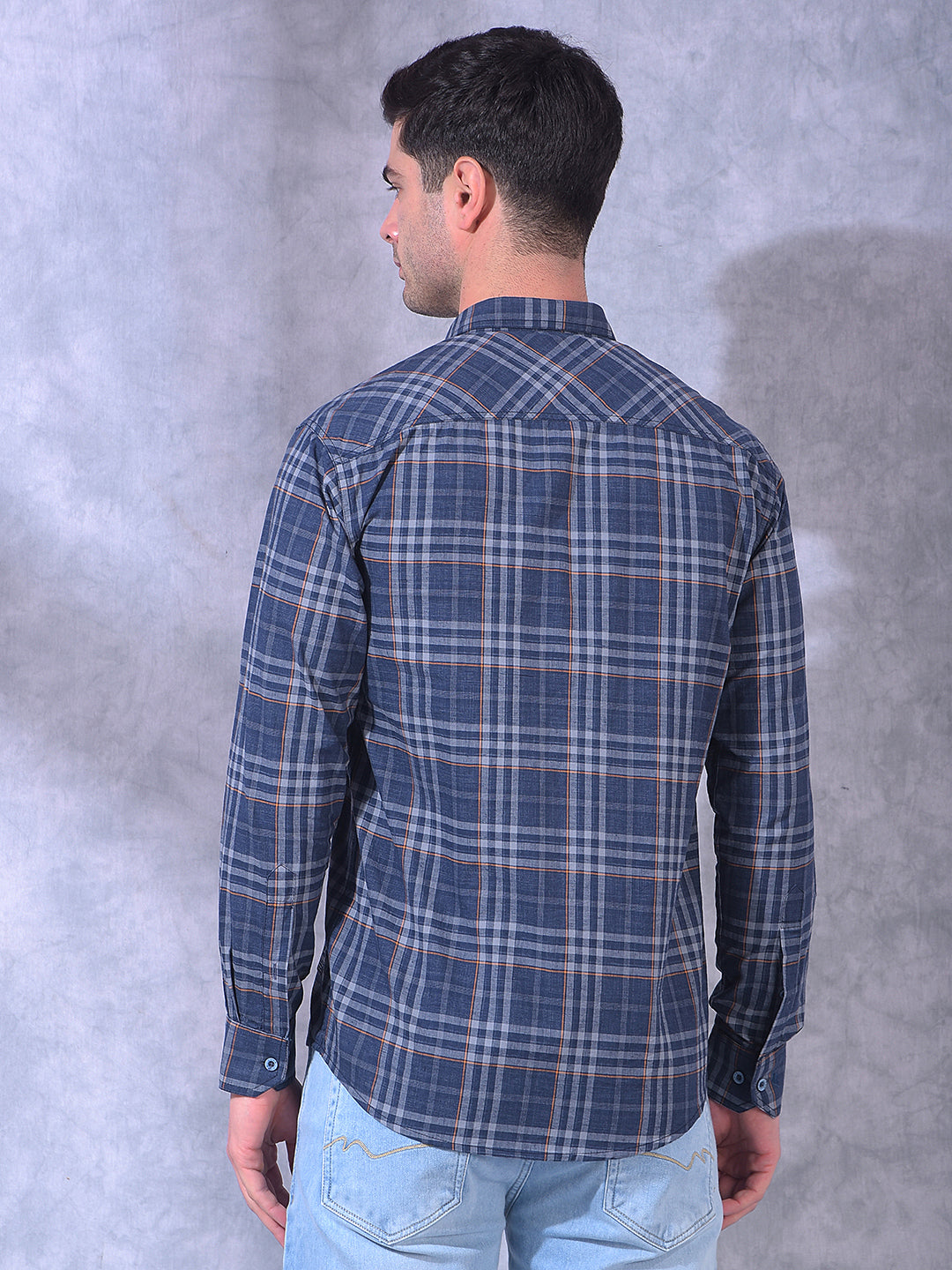 cobb navy blue checked slim-fit casual shirt