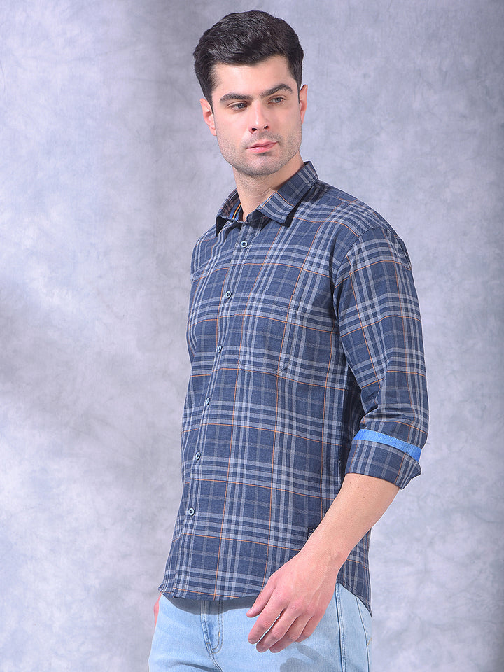 cobb navy blue checked slim-fit casual shirt