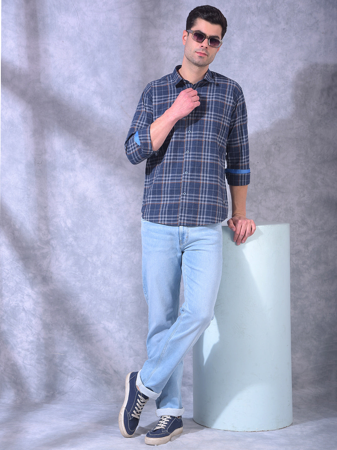COBB NAVY BLUE CHECKED SLIM-FIT CASUAL SHIRT