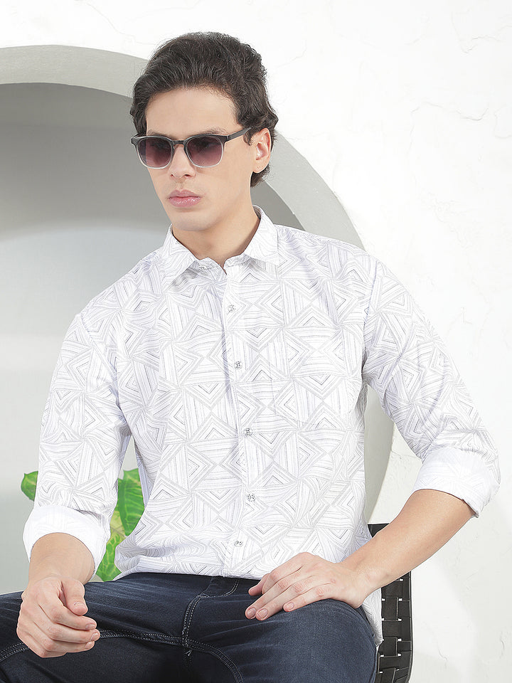 white printed slim-fit casual shirt