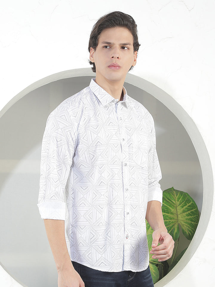 WHITE PRINTED SLIM-FIT CASUAL SHIRT