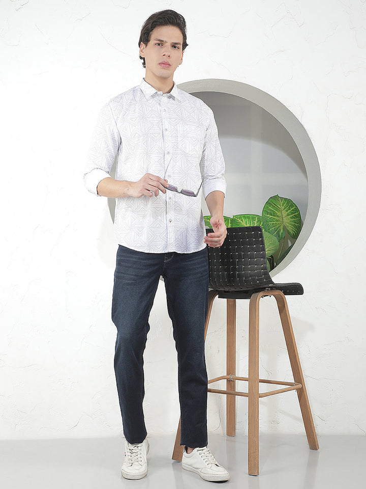 WHITE PRINTED SLIM-FIT CASUAL SHIRT