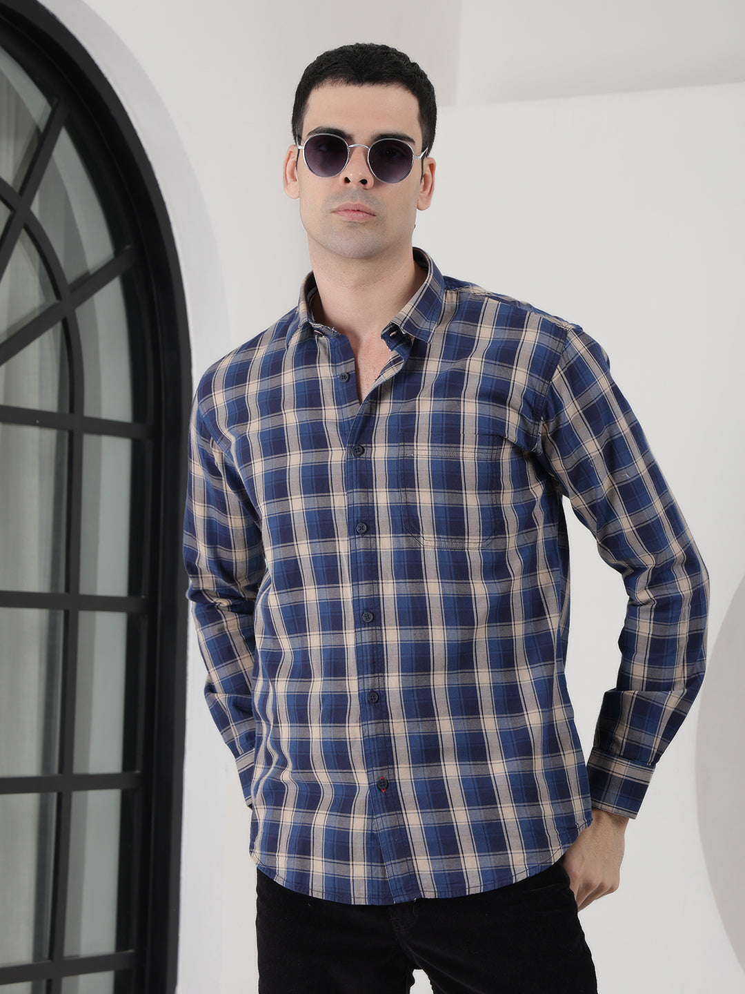 cobb navy blue checked slim-fit casual shirt