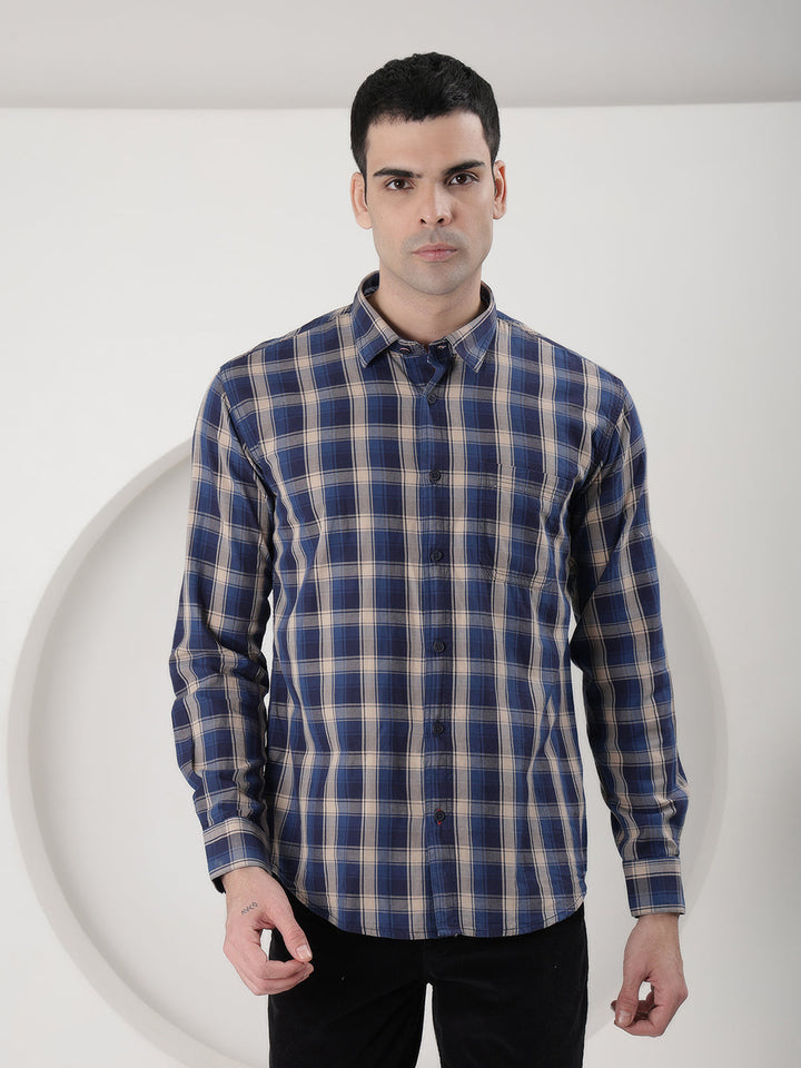 cobb navy blue checked slim-fit casual shirt