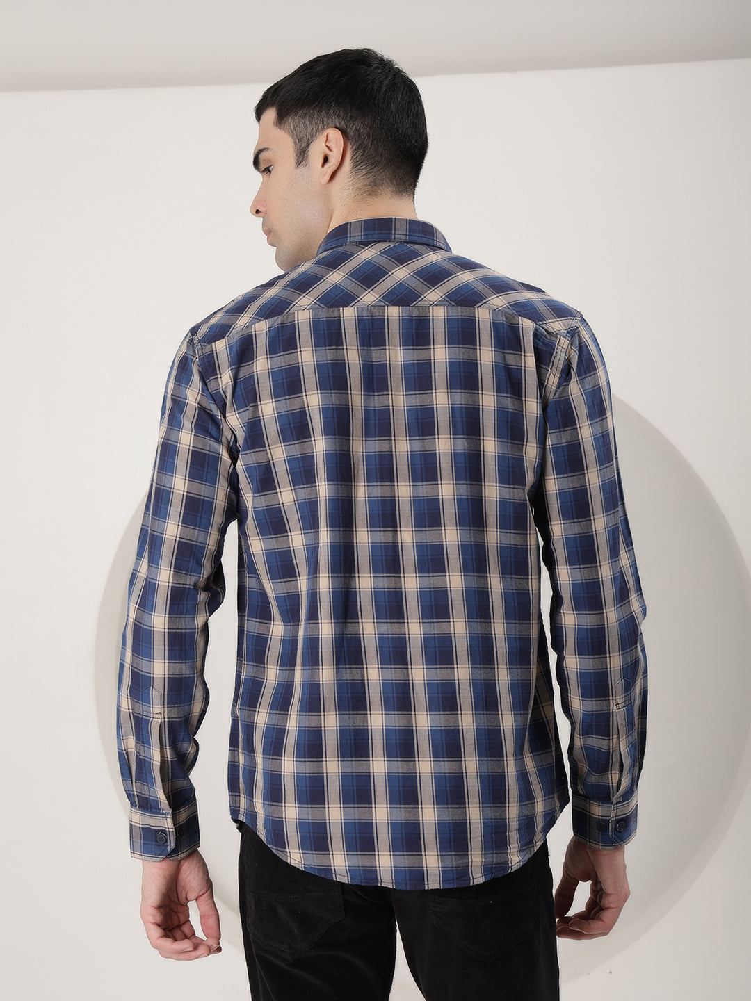 cobb navy blue checked slim-fit casual shirt