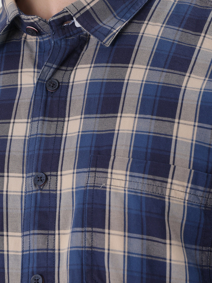 cobb navy blue checked slim-fit casual shirt