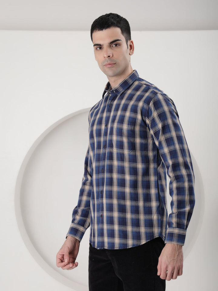 COBB NAVY BLUE CHECKED SLIM-FIT CASUAL SHIRT