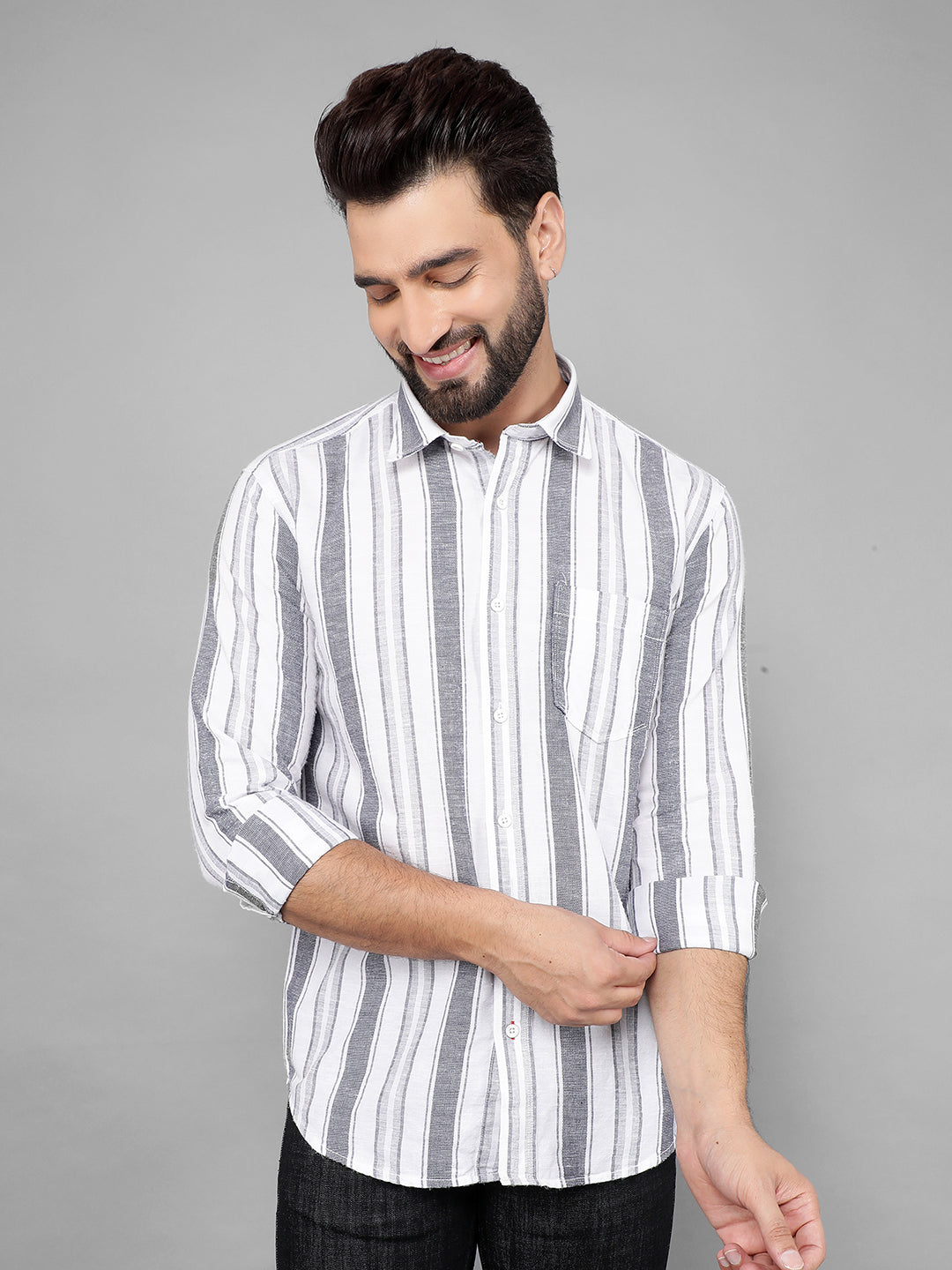 cobb grey white striped slim-fit casual shirt