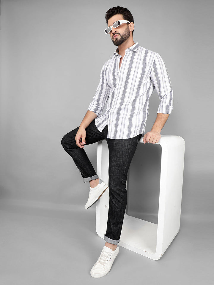 COBB GREY WHITE STRIPED SLIM-FIT CASUAL SHIRT