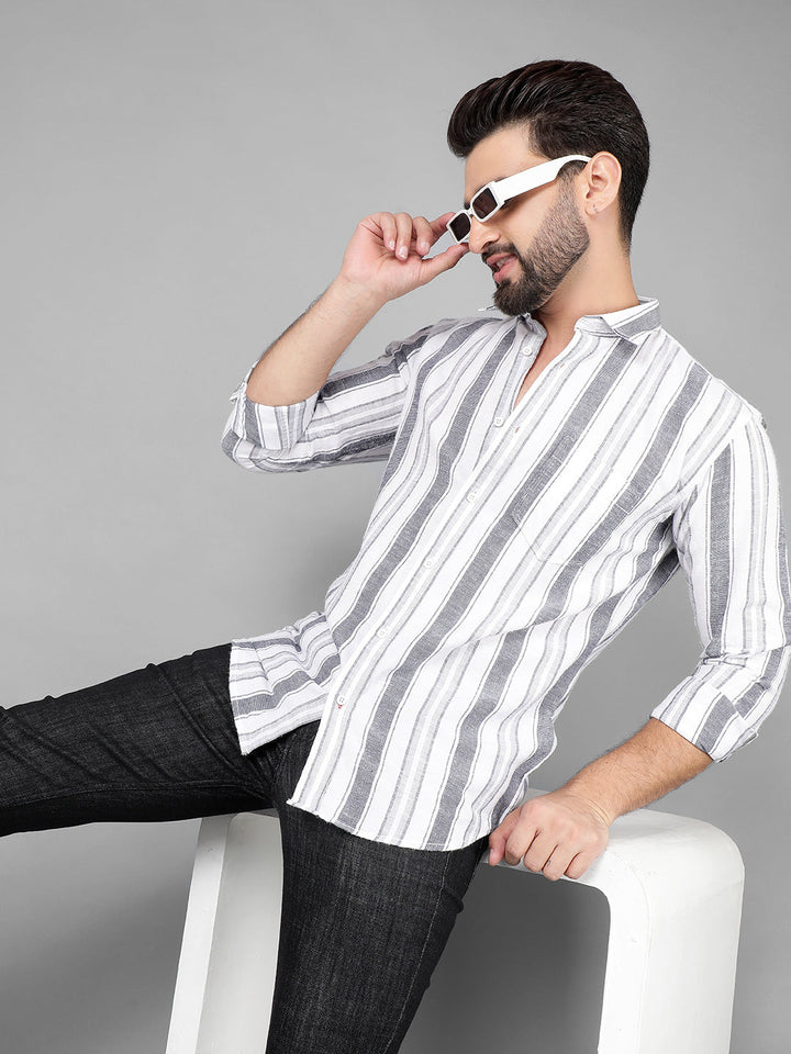 COBB GREY WHITE STRIPED SLIM-FIT CASUAL SHIRT