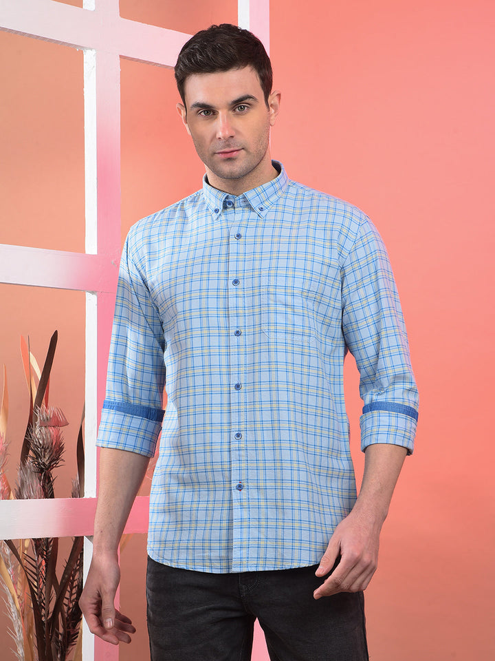 cobb sky blue checked slim-fit button down casual shirt