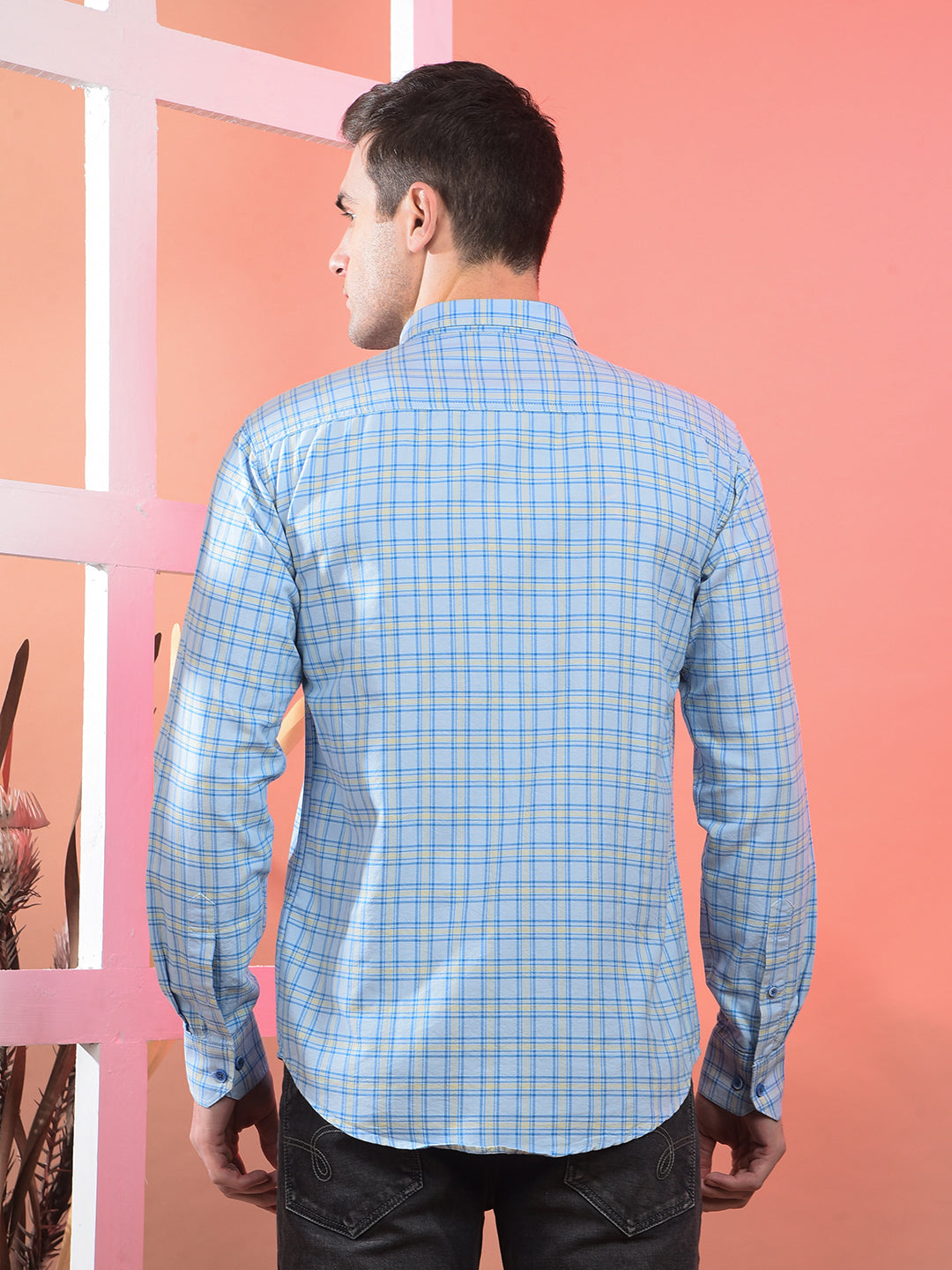 cobb sky blue checked slim-fit button down casual shirt