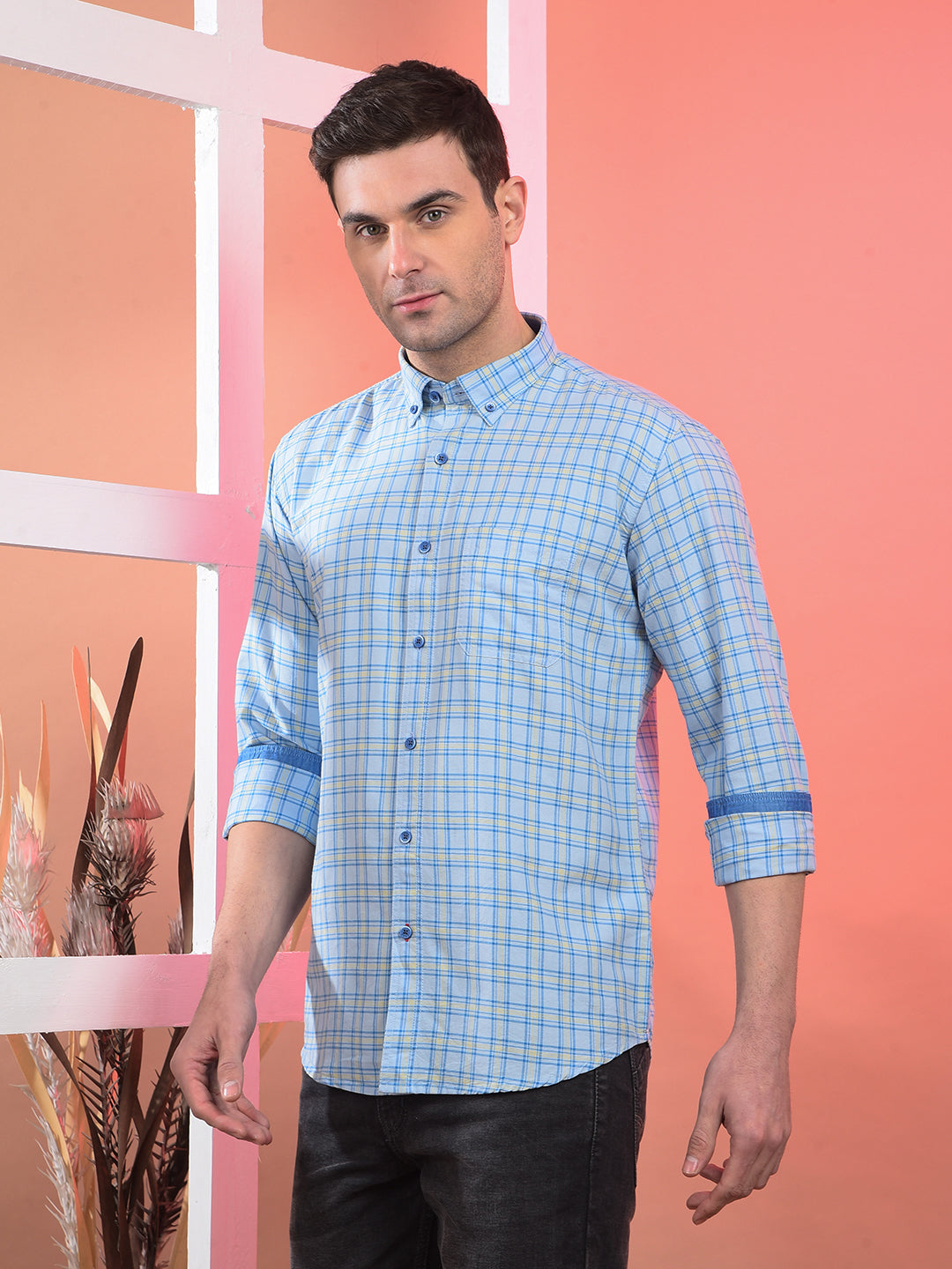 COBB SKY BLUE CHECKED SLIM-FIT BUTTON DOWN CASUAL SHIRT