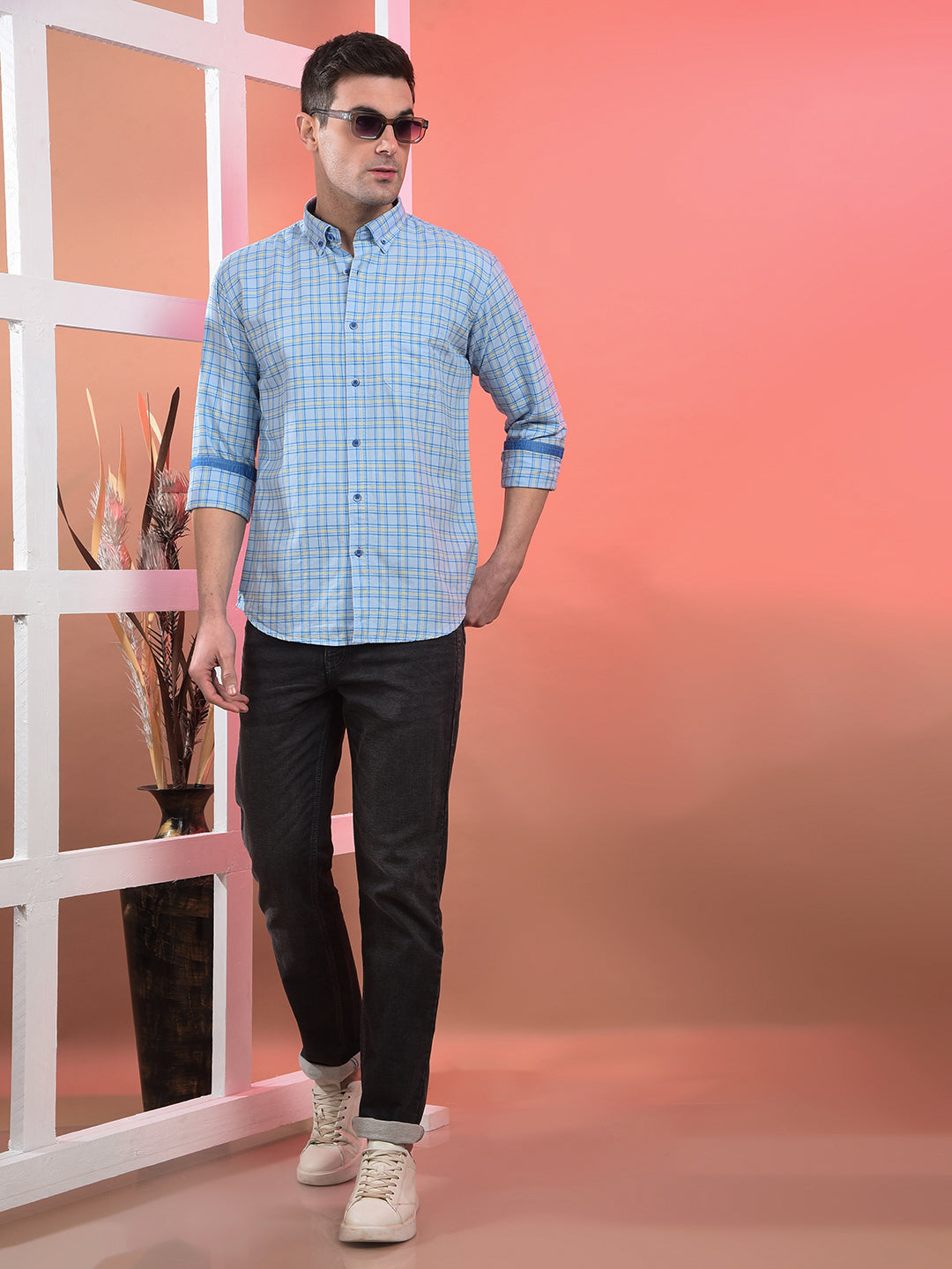 COBB SKY BLUE CHECKED SLIM-FIT BUTTON DOWN CASUAL SHIRT