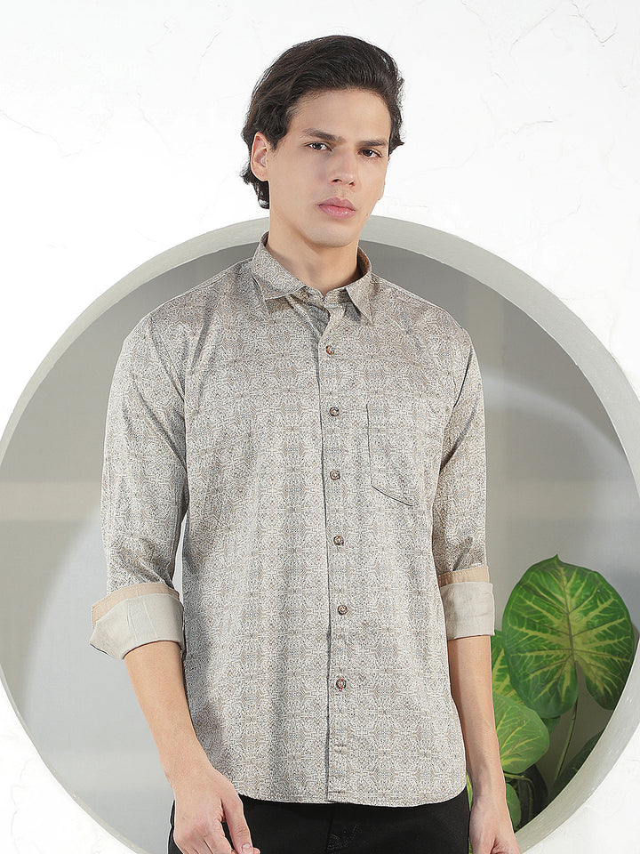 light brown printed slim-fit casual shirt