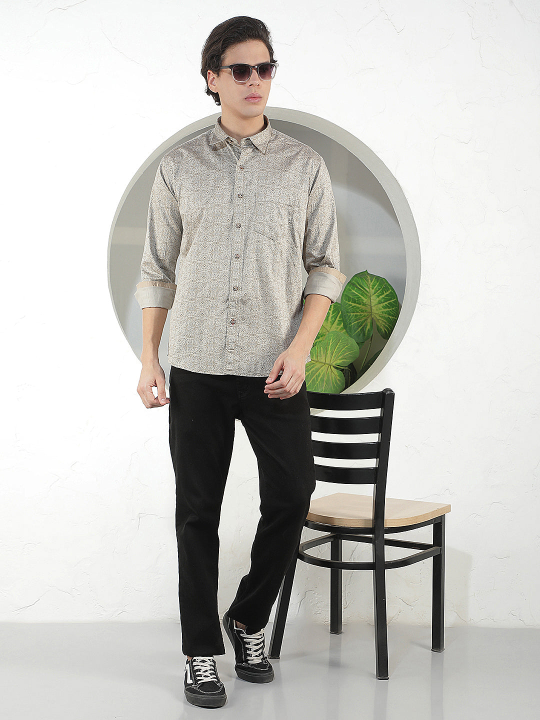 light brown printed slim-fit casual shirt