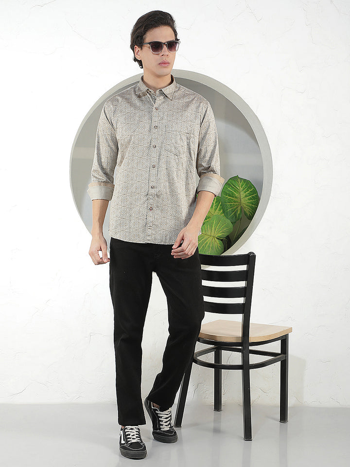 light brown printed slim-fit casual shirt