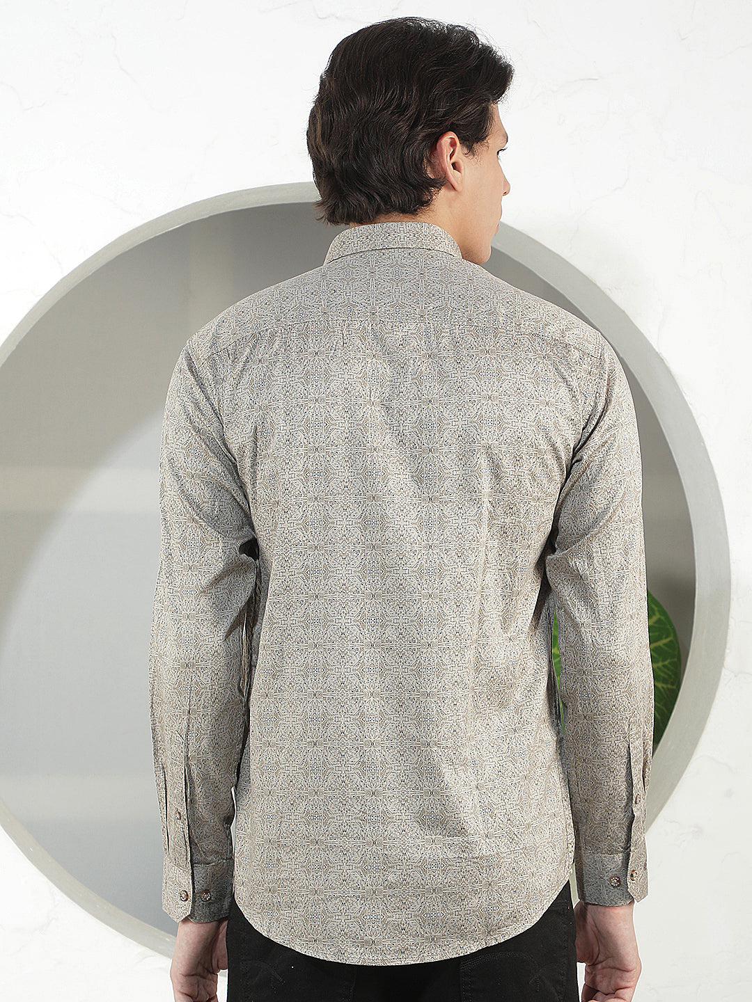 light brown printed slim-fit casual shirt