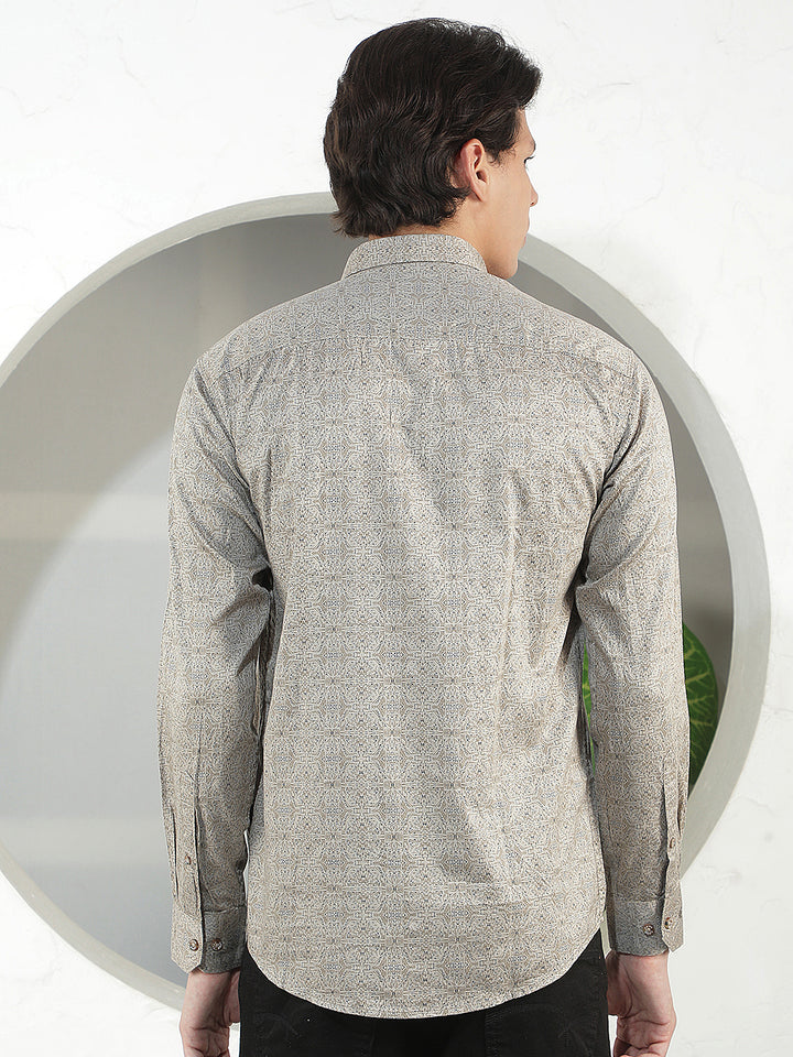 light brown printed slim-fit casual shirt