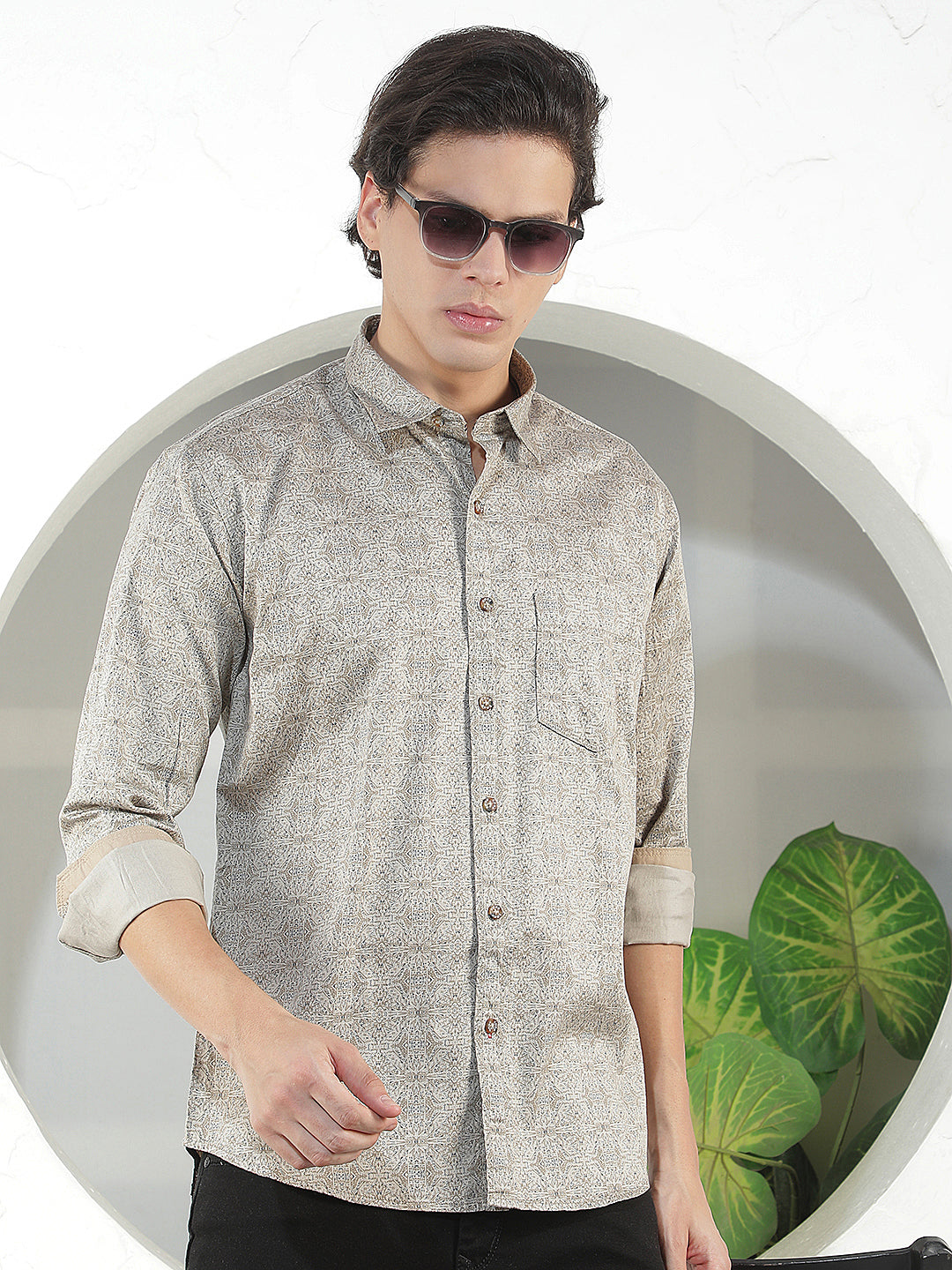 LIGHT BROWN PRINTED SLIM-FIT CASUAL SHIRT