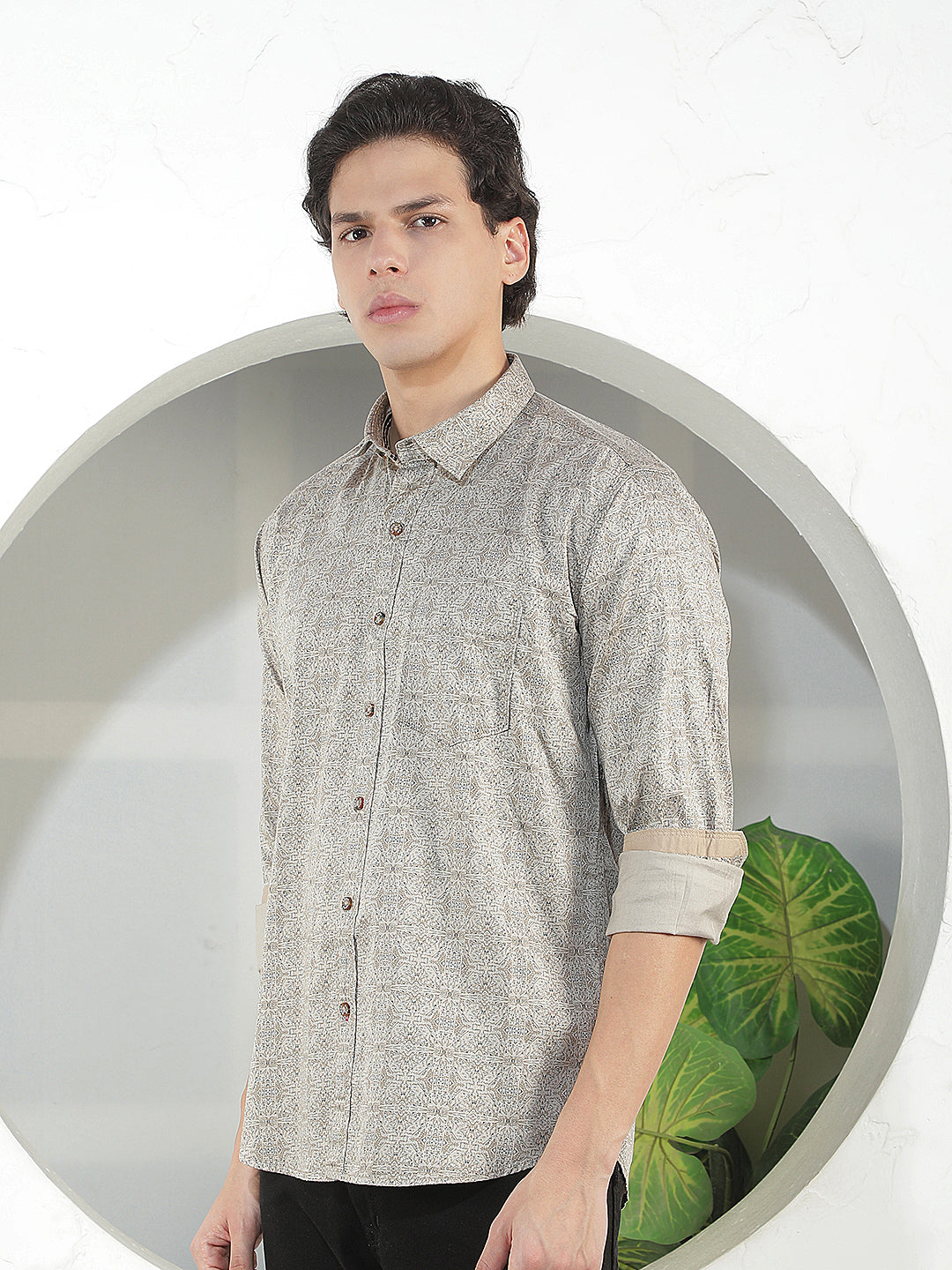 LIGHT BROWN PRINTED SLIM-FIT CASUAL SHIRT