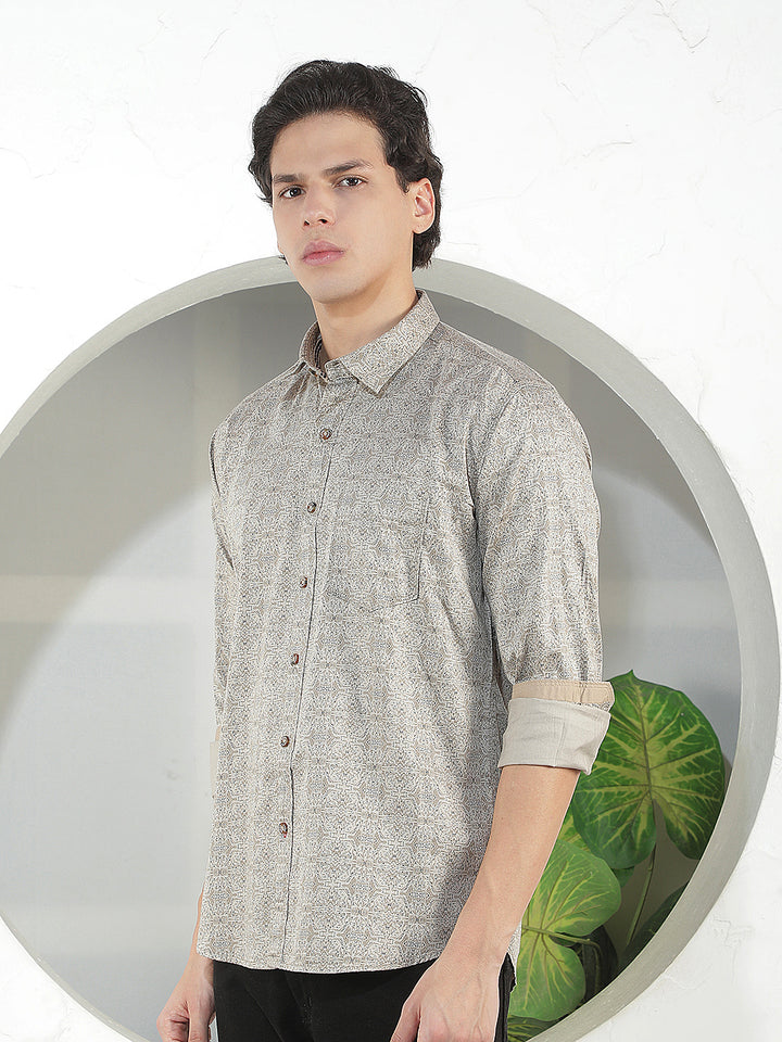 LIGHT BROWN PRINTED SLIM-FIT CASUAL SHIRT