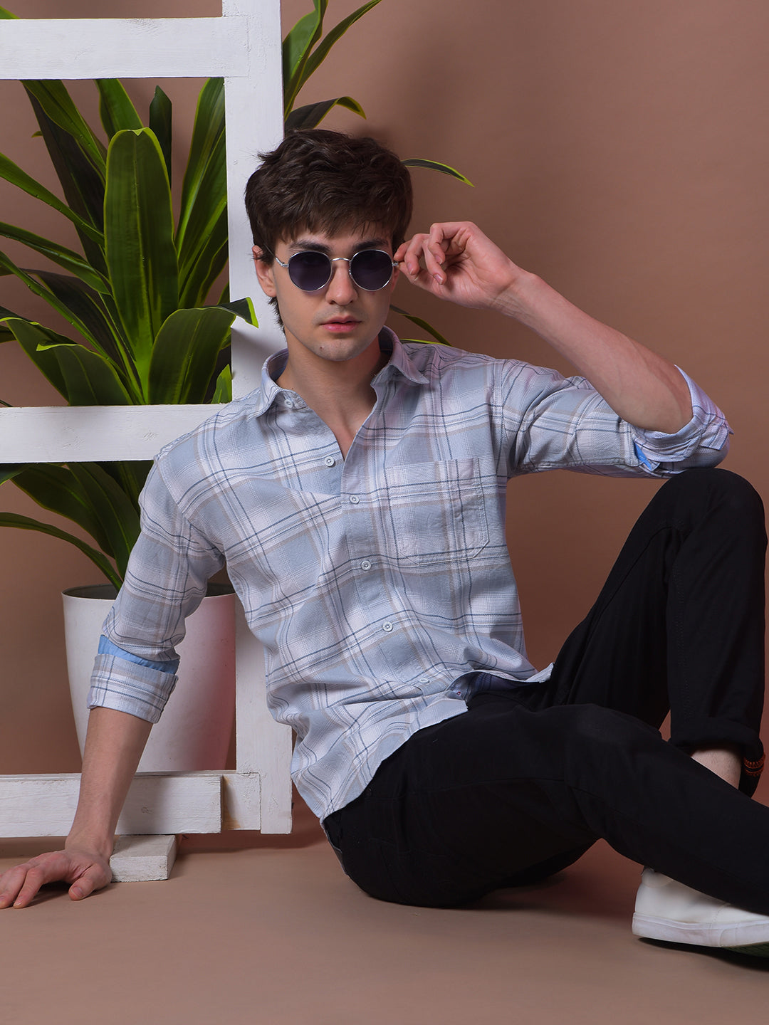cobb sky blue checked slim-fit casual shirt