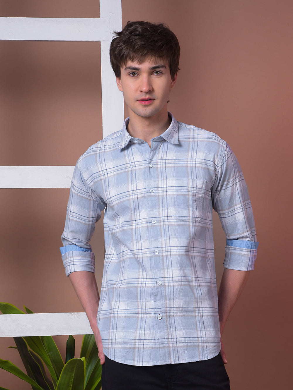 cobb sky blue checked slim-fit casual shirt