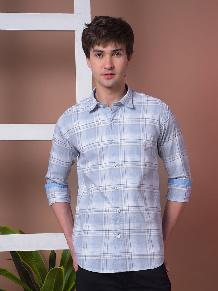 cobb sky blue checked slim-fit casual shirt