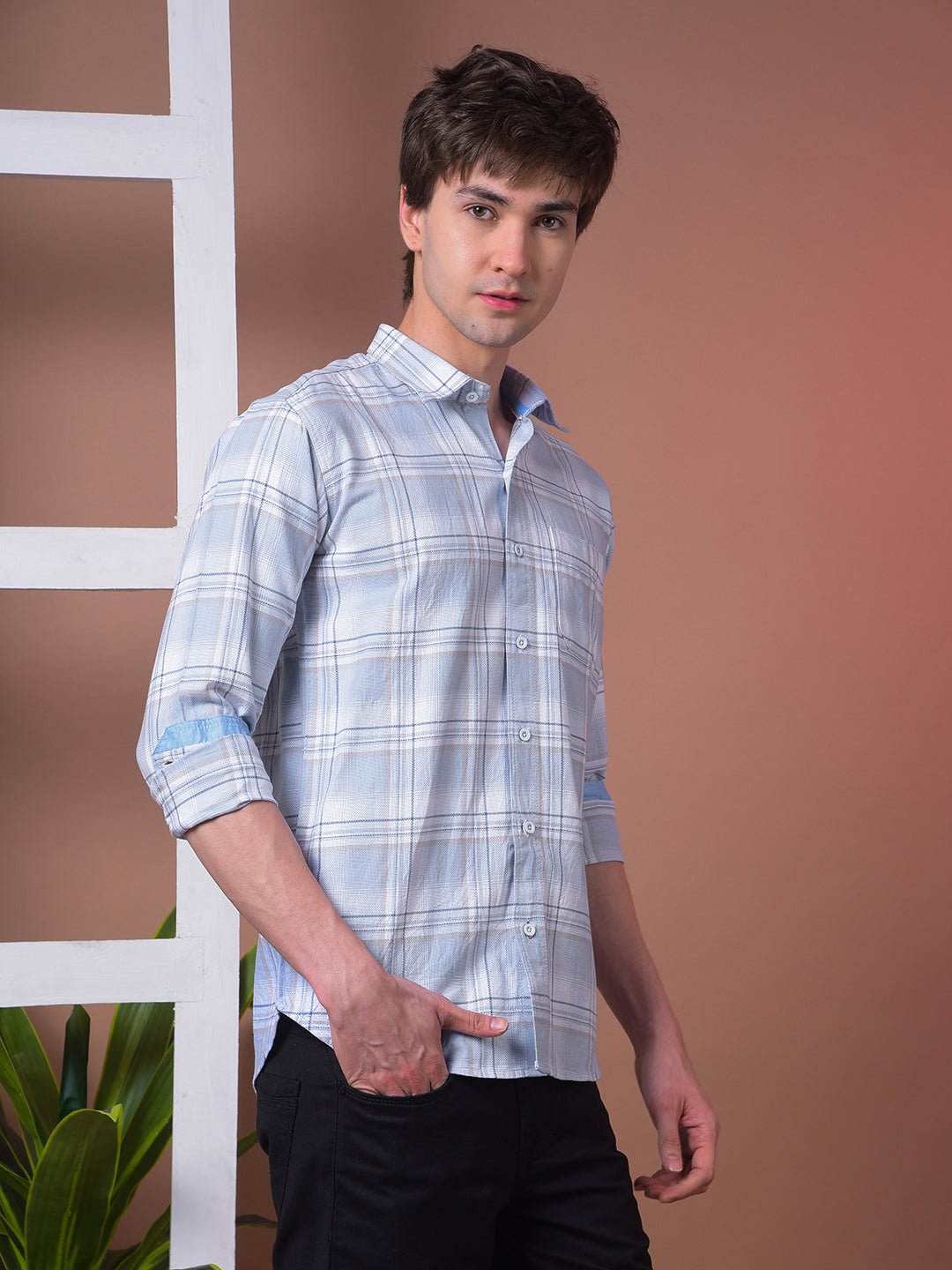 COBB SKY BLUE CHECKED SLIM-FIT CASUAL SHIRT