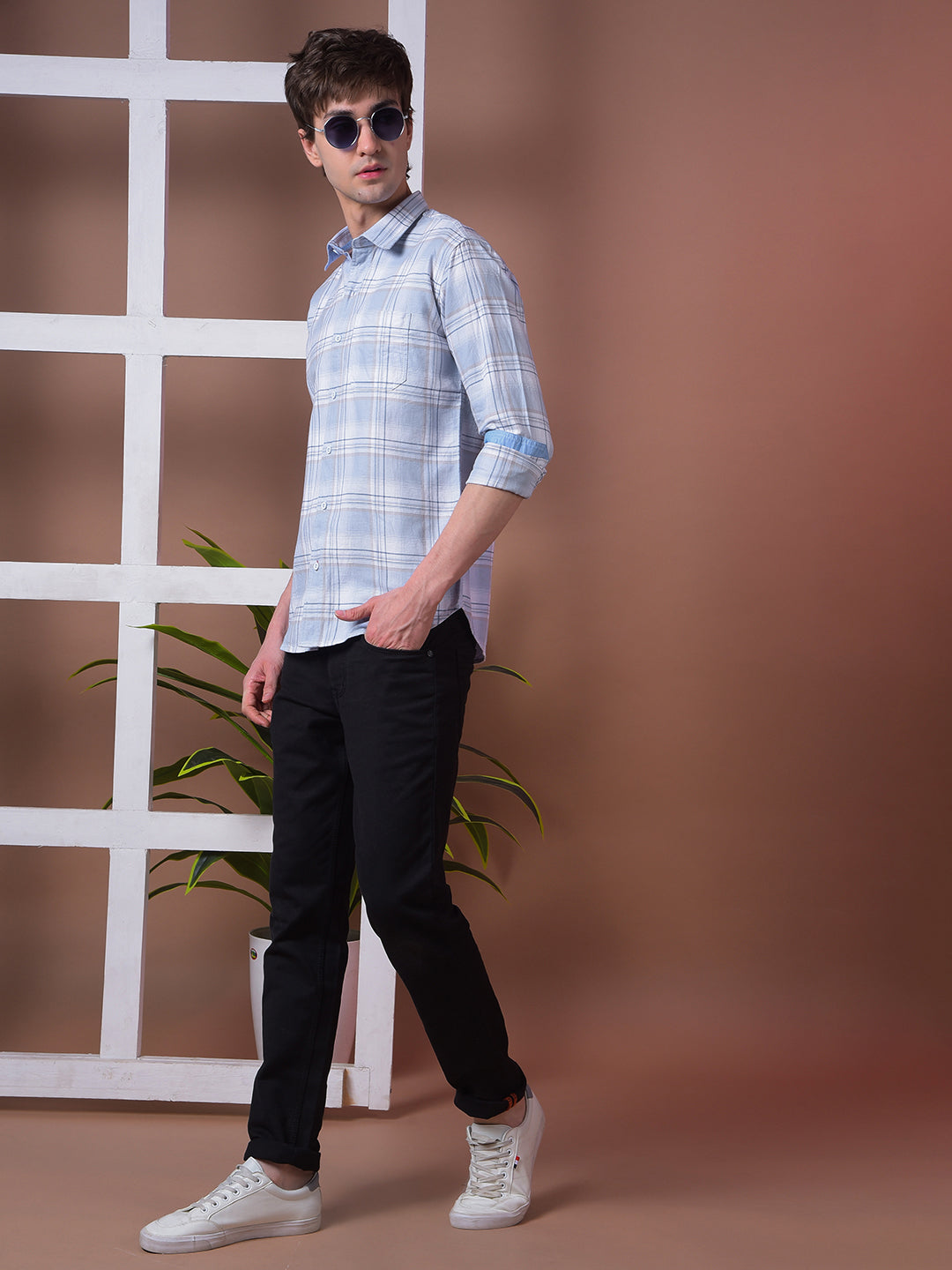COBB SKY BLUE CHECKED SLIM-FIT CASUAL SHIRT