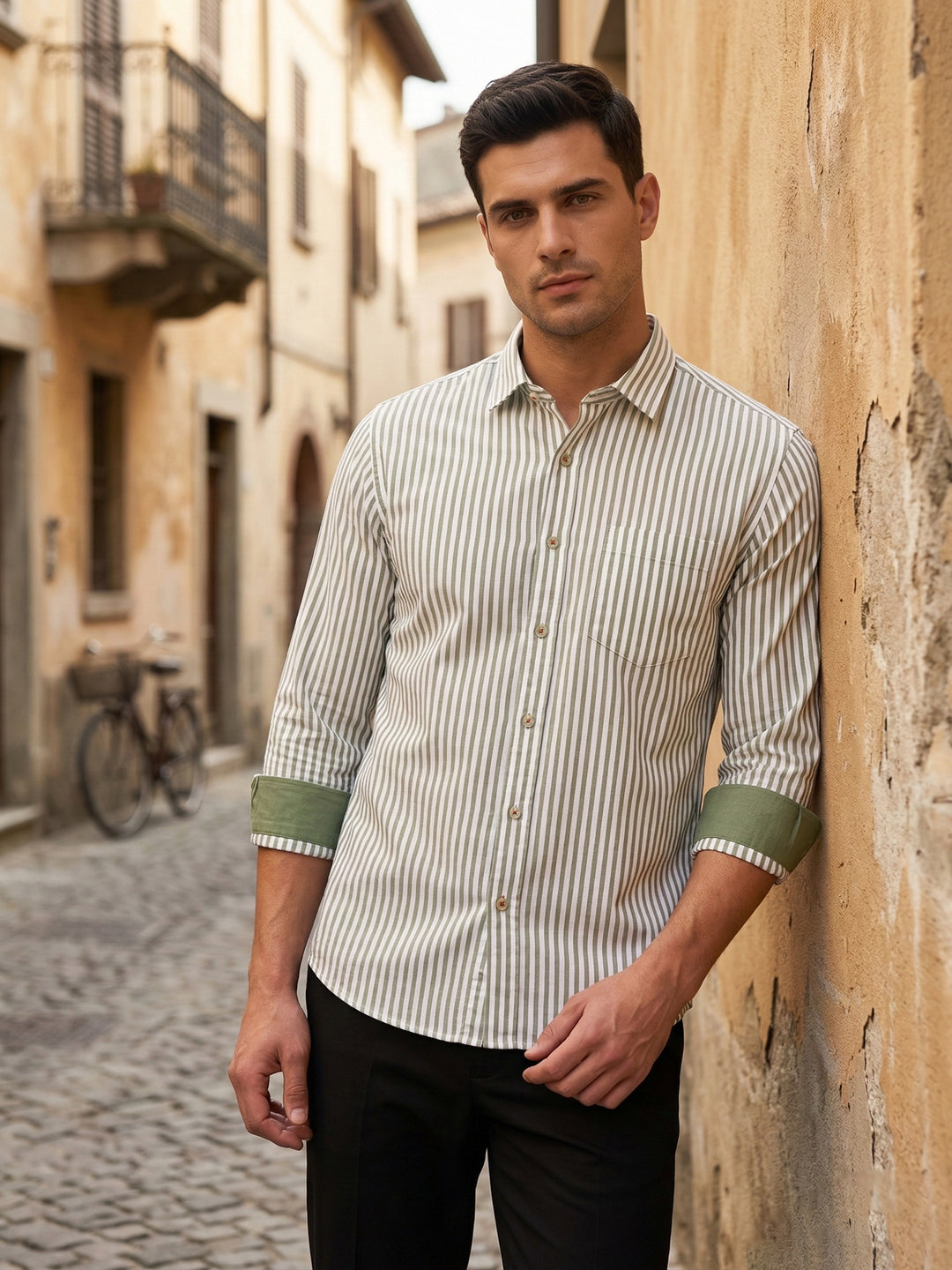 cobb green striped slim-fit casual shirt