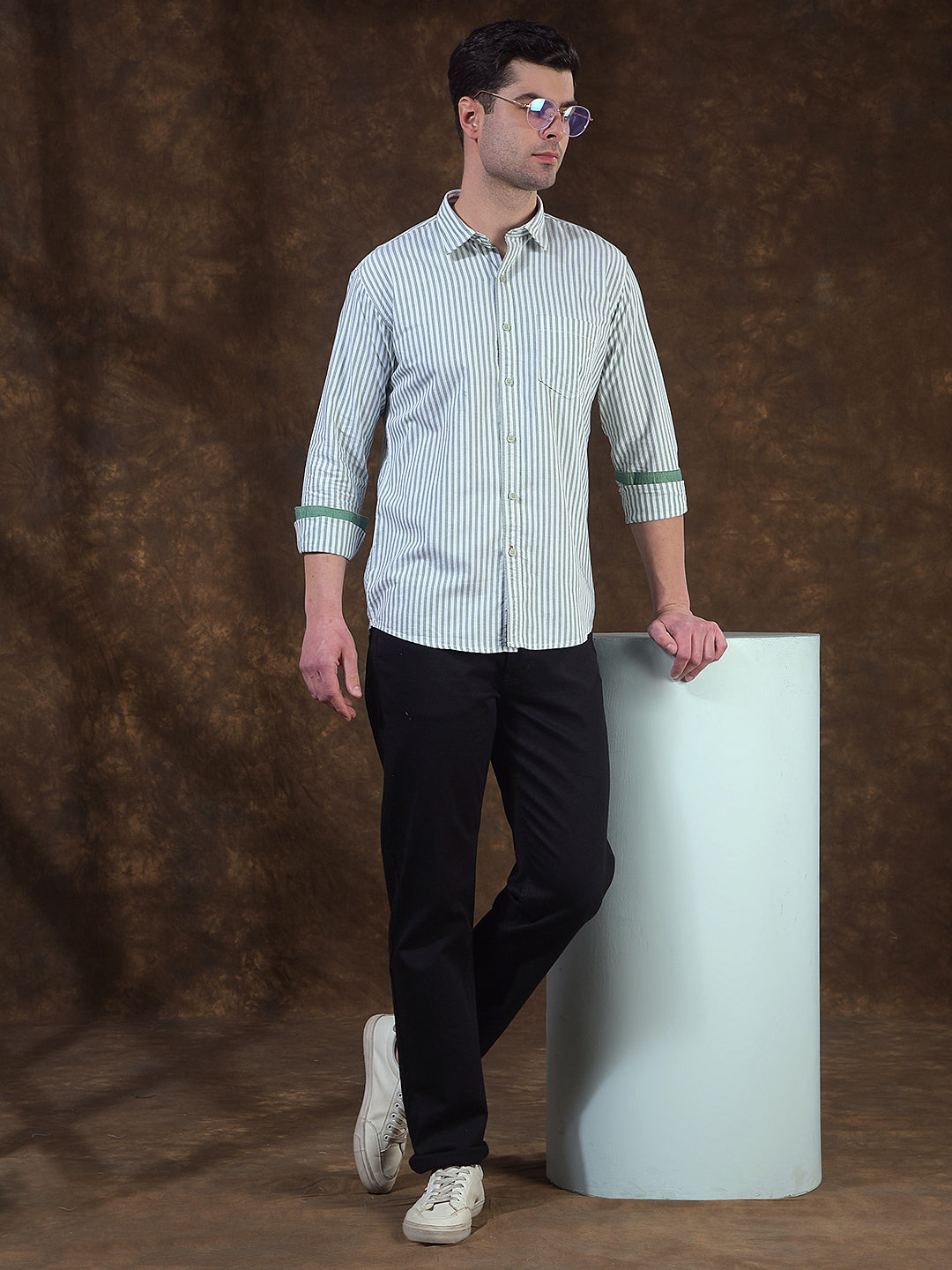 COBB GREEN STRIPED SLIM-FIT CASUAL SHIRT