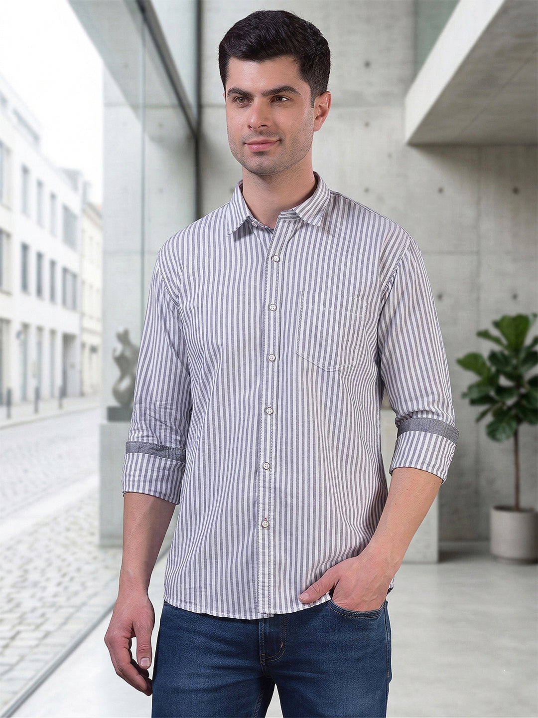 cobb grey striped slim-fit casual shirt