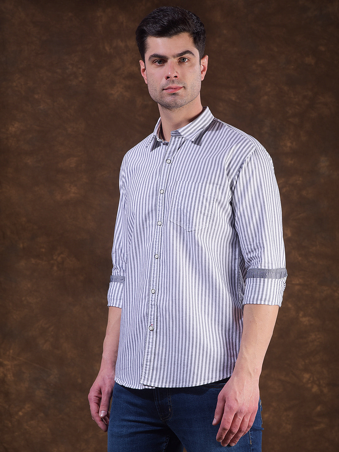 cobb grey striped slim-fit casual shirt