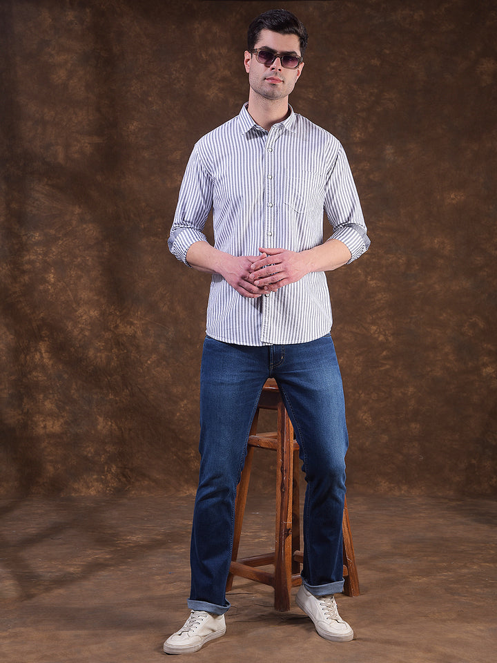 COBB GREY STRIPED SLIM-FIT CASUAL SHIRT