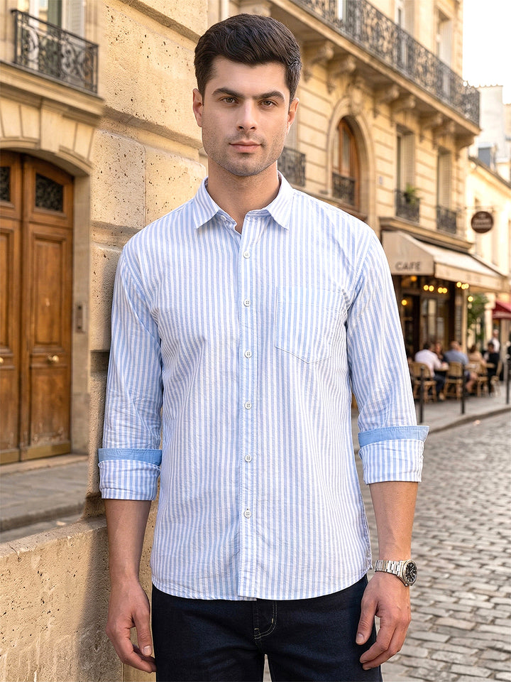 cobb sky blue striped slim-fit casual shirt