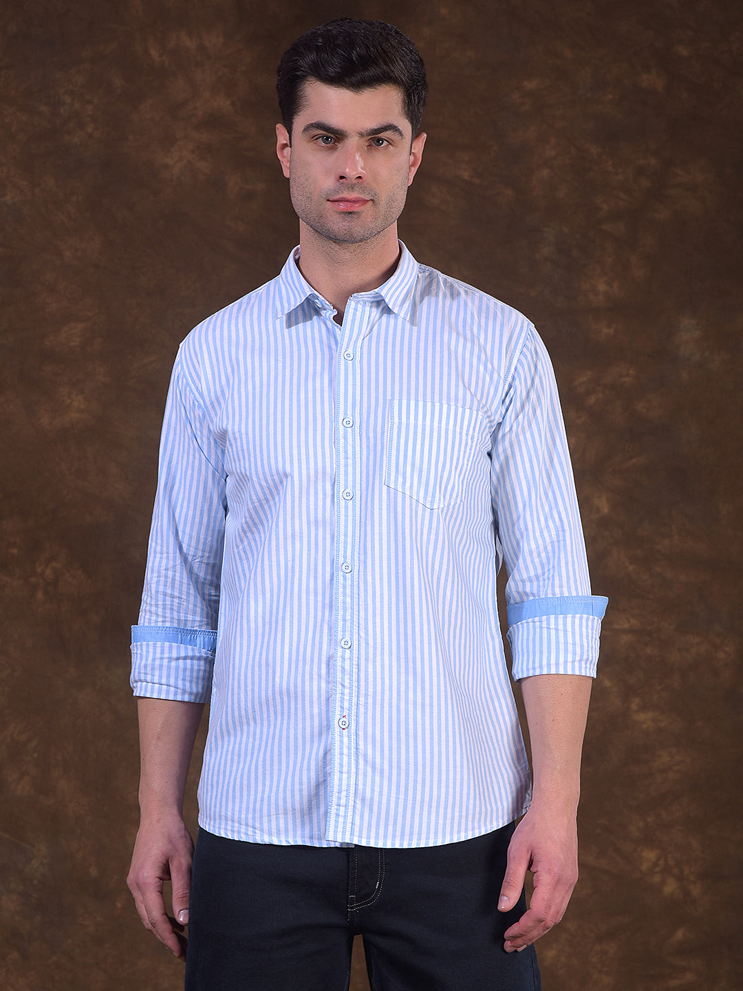 cobb sky blue striped slim-fit casual shirt