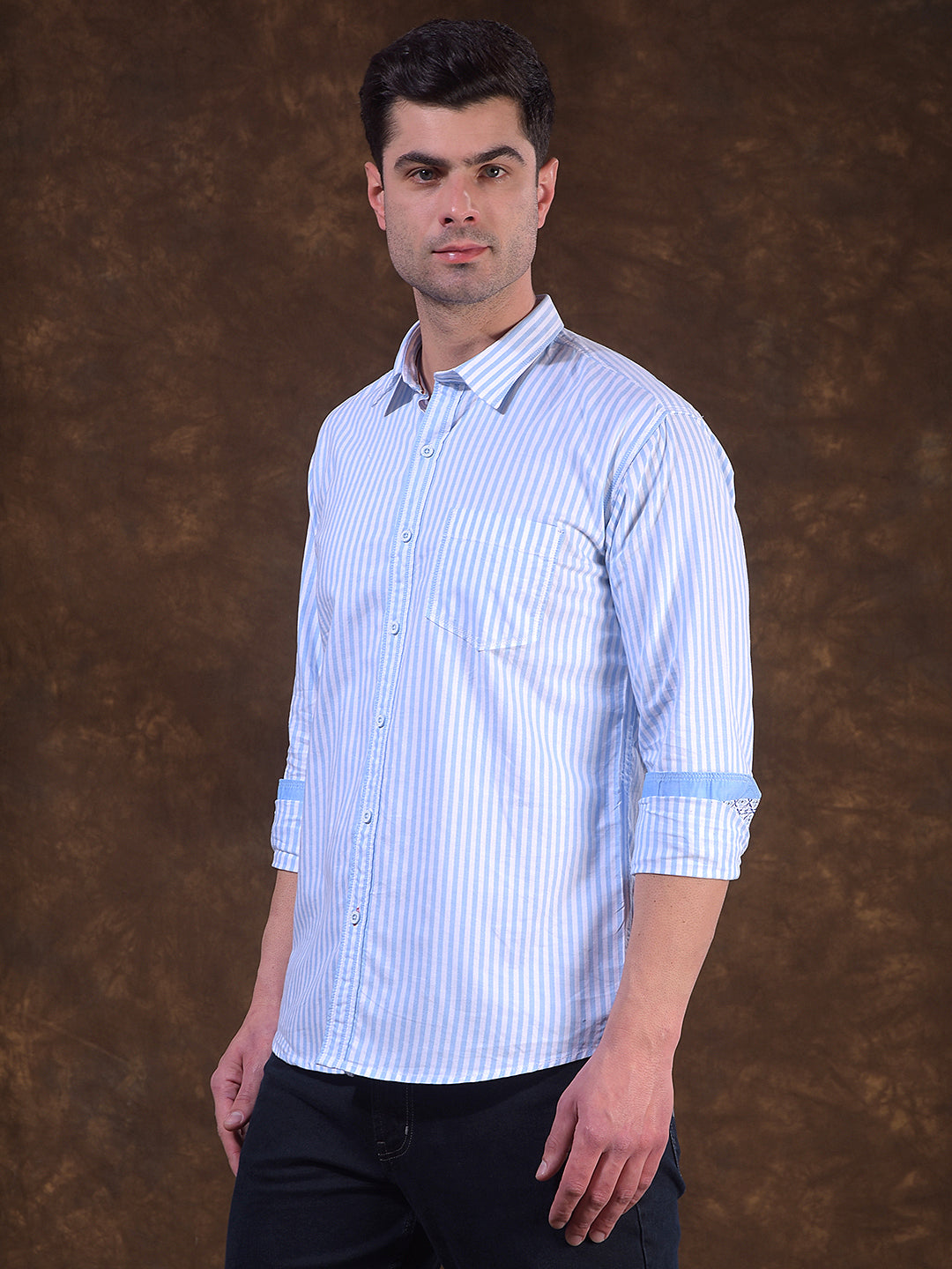 cobb sky blue striped slim-fit casual shirt