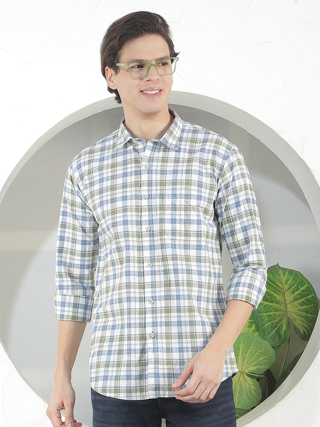 green checked slim-fit casual shirt