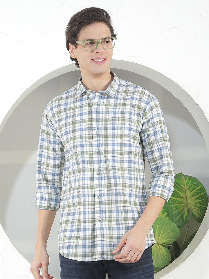 green checked slim-fit casual shirt