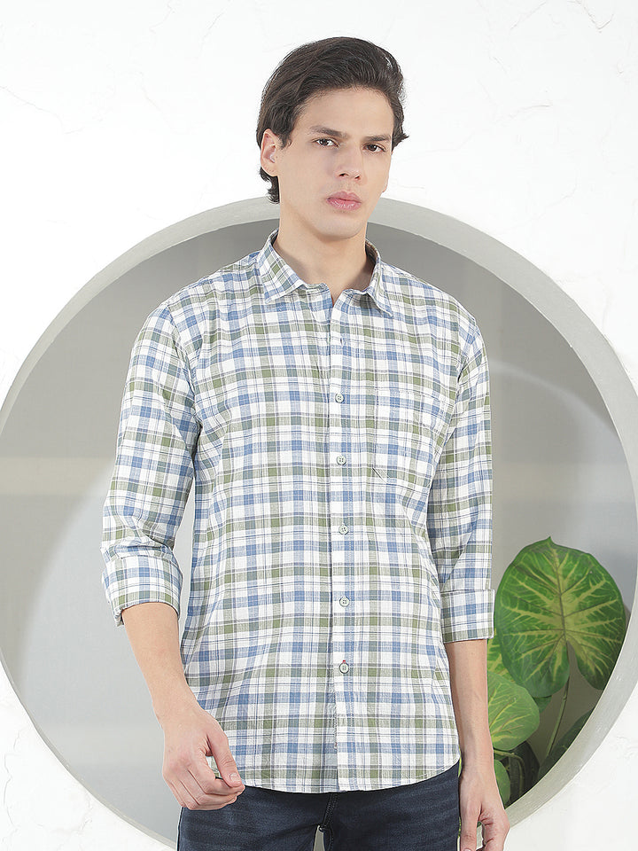 green checked slim-fit casual shirt