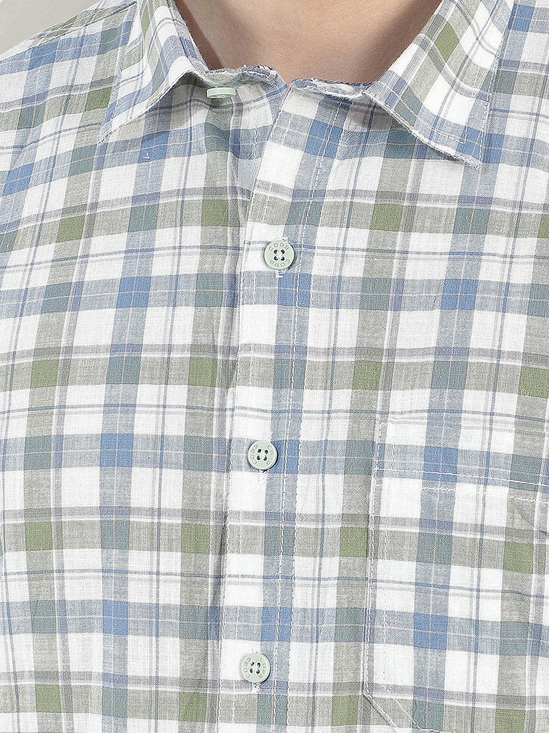 green checked slim-fit casual shirt