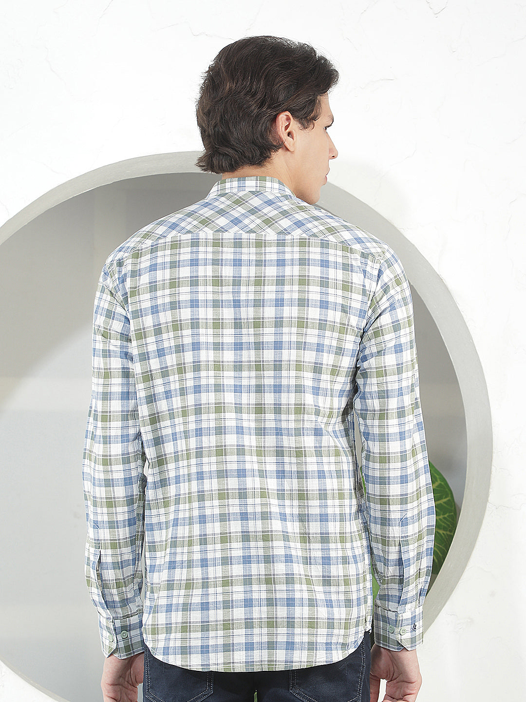 green checked slim-fit casual shirt
