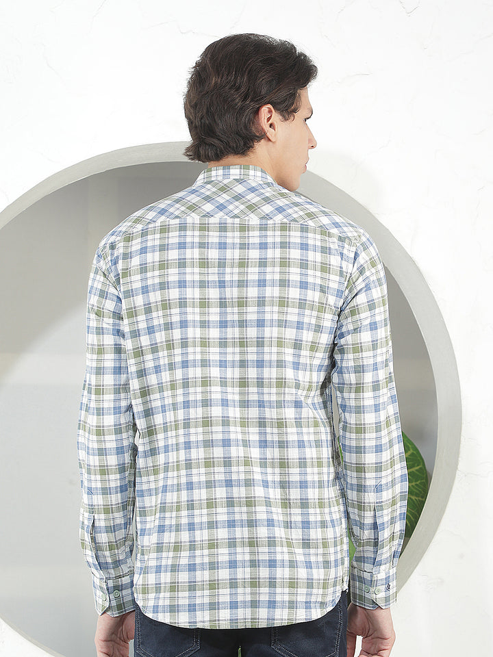 green checked slim-fit casual shirt
