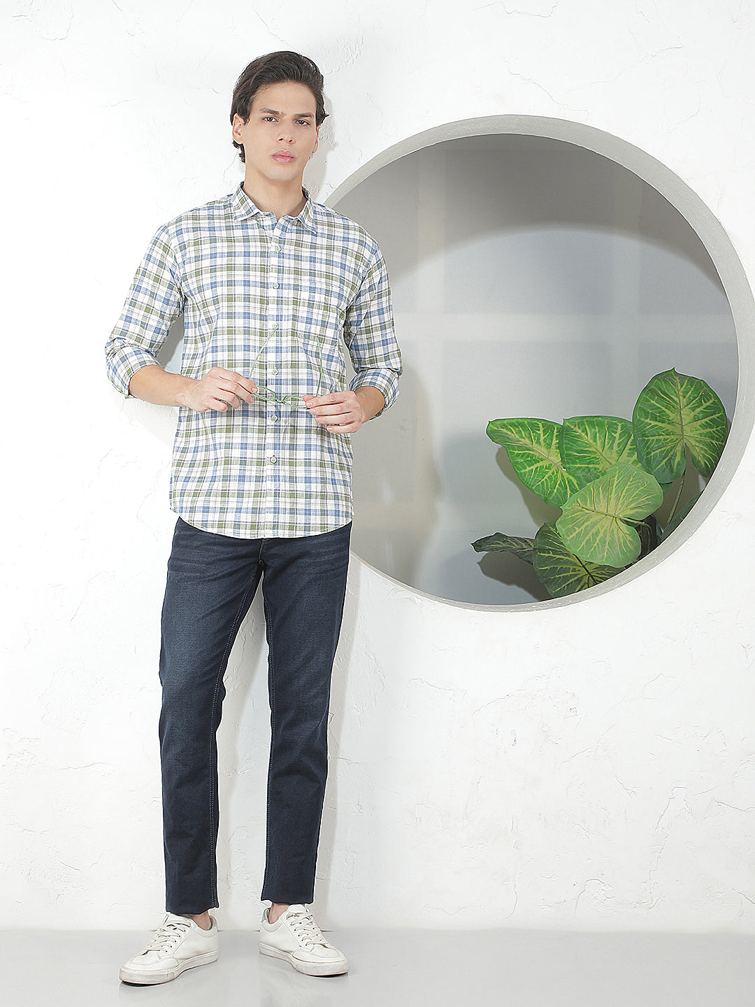 GREEN CHECKED SLIM-FIT CASUAL SHIRT