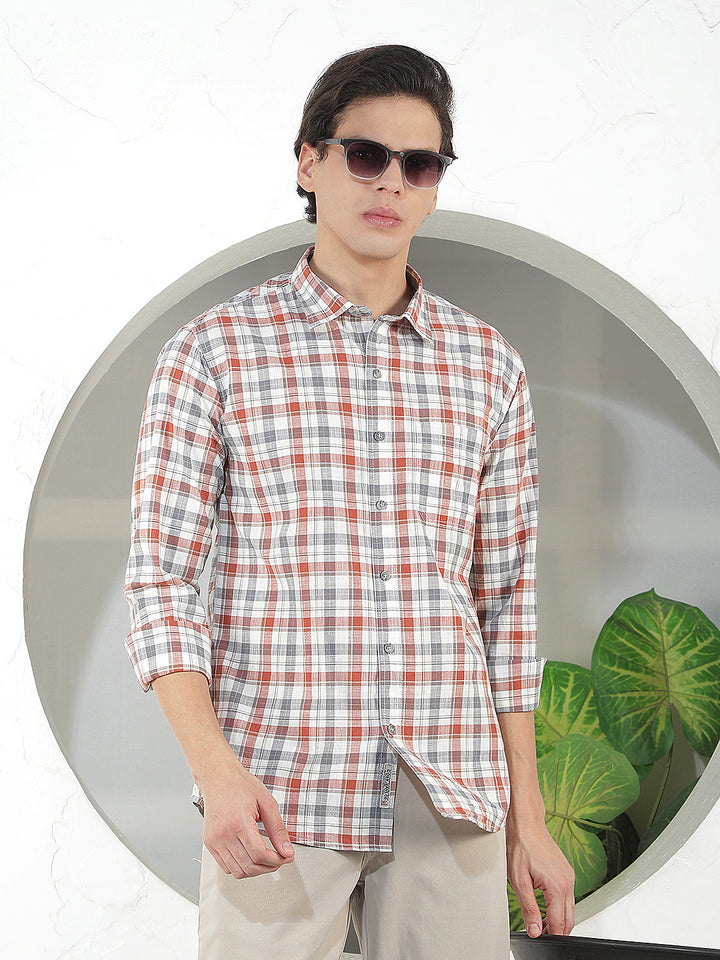 rust checked slim-fit casual shirt
