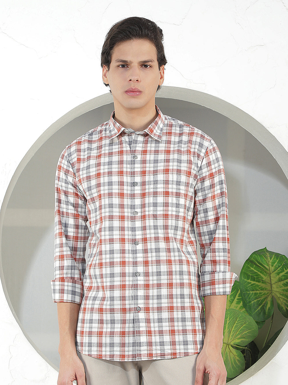 rust checked slim-fit casual shirt