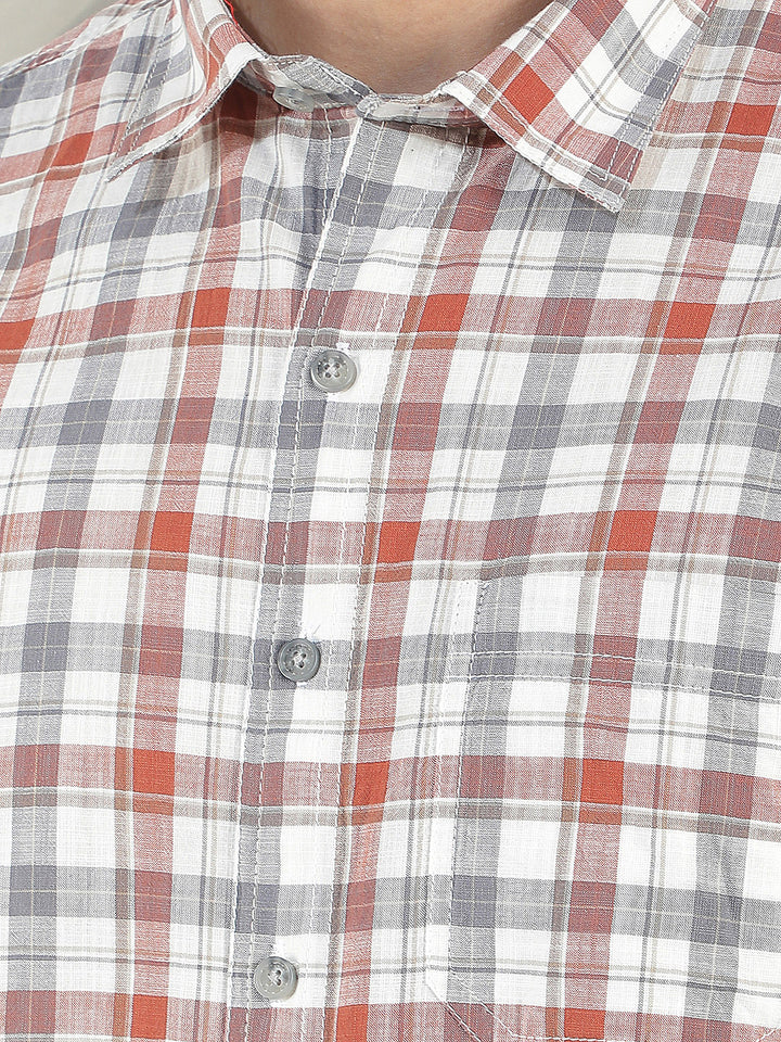 rust checked slim-fit casual shirt