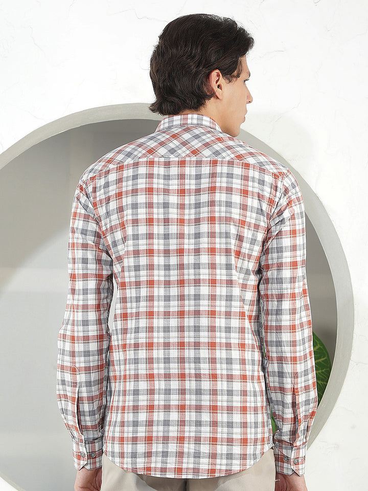 rust checked slim-fit casual shirt